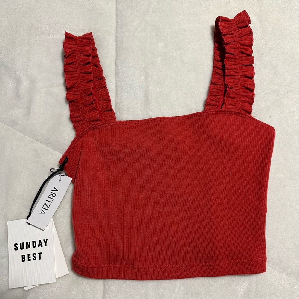 Aritzia Sunday Best Cropped Ruffle Strap Tank Top in Red/Maroon (NEW w/Tags)